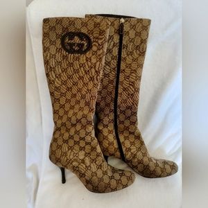 Size 6 1/2 Cloth woven, Gucci calf high stilletto pump boots.